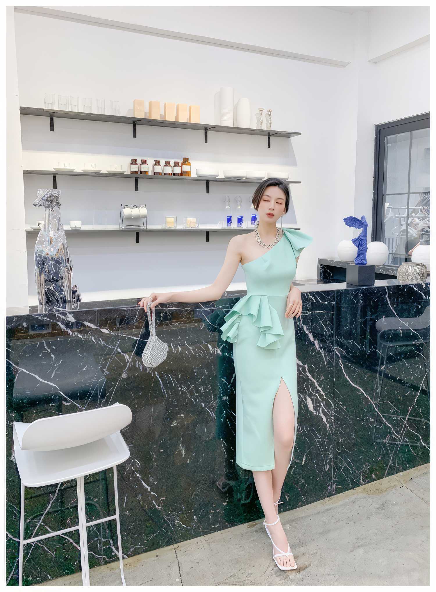Frill-Adorned One-Shoulder Front Slit Dress