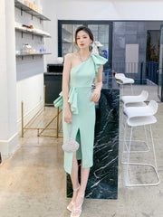 Frill-Adorned One-Shoulder Front Slit Dress