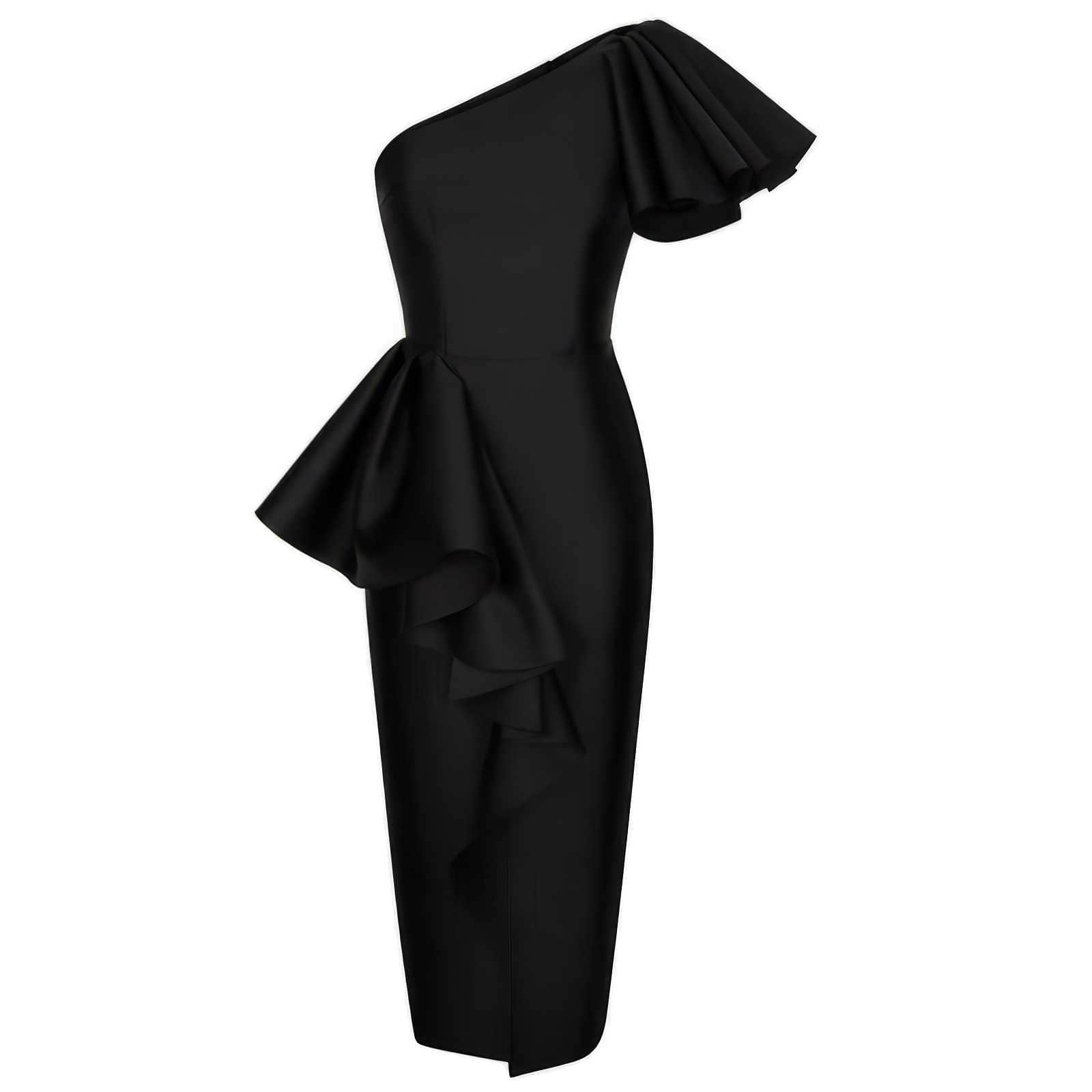 Frill-Adorned One-Shoulder Front Slit Dress XS / Black