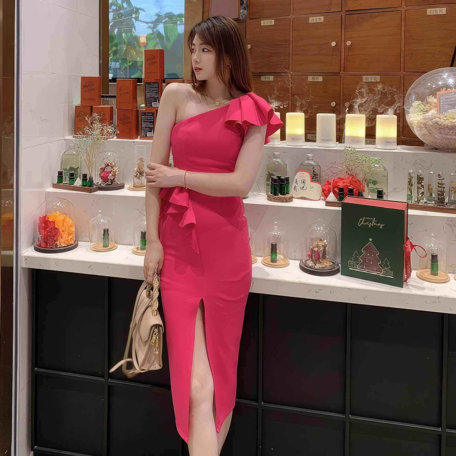 Frill-Adorned One-Shoulder Front Slit Dress XS / HotPink
