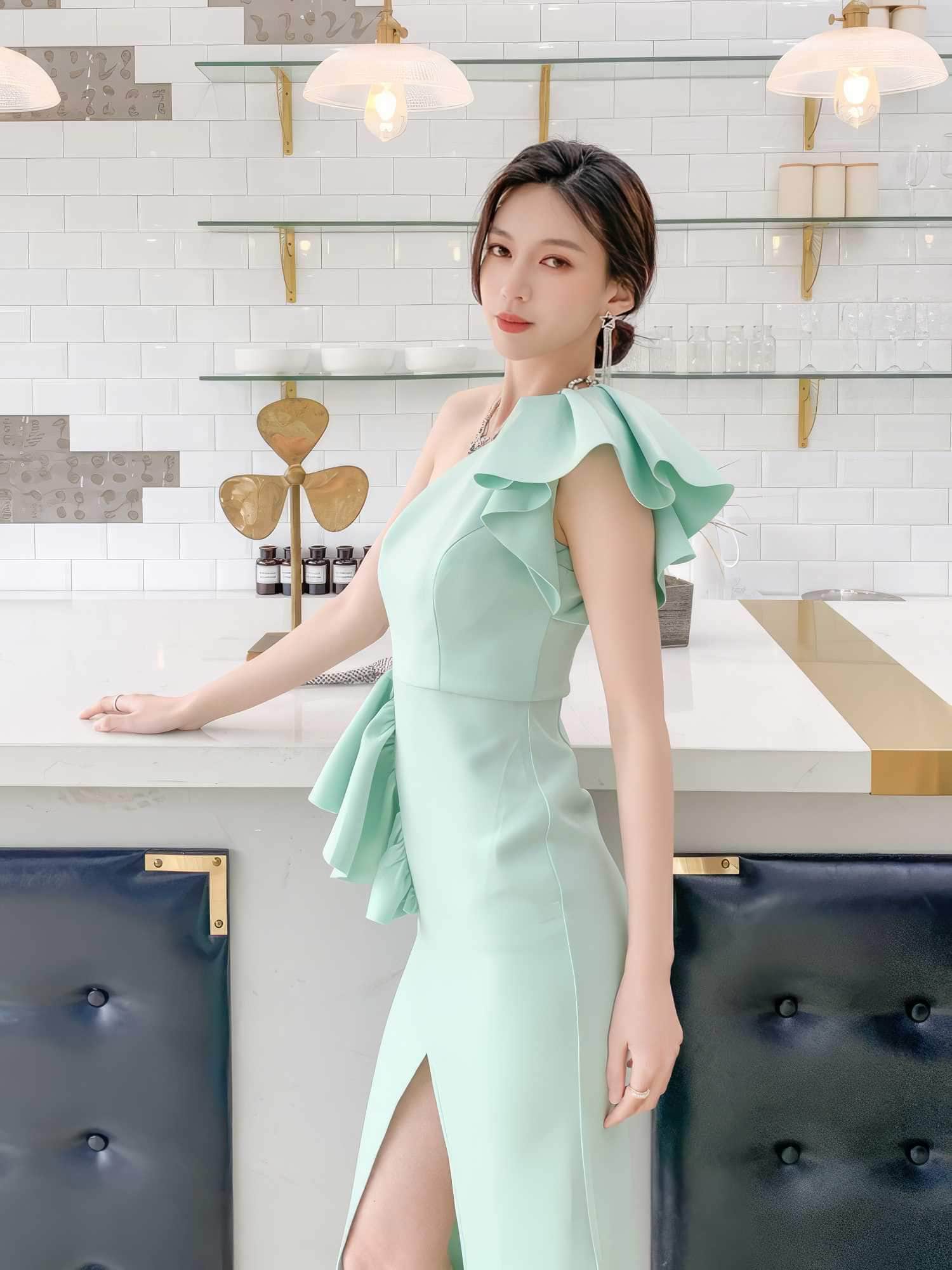 Frill-Adorned One-Shoulder Front Slit Dress XS / PaleTurquoise