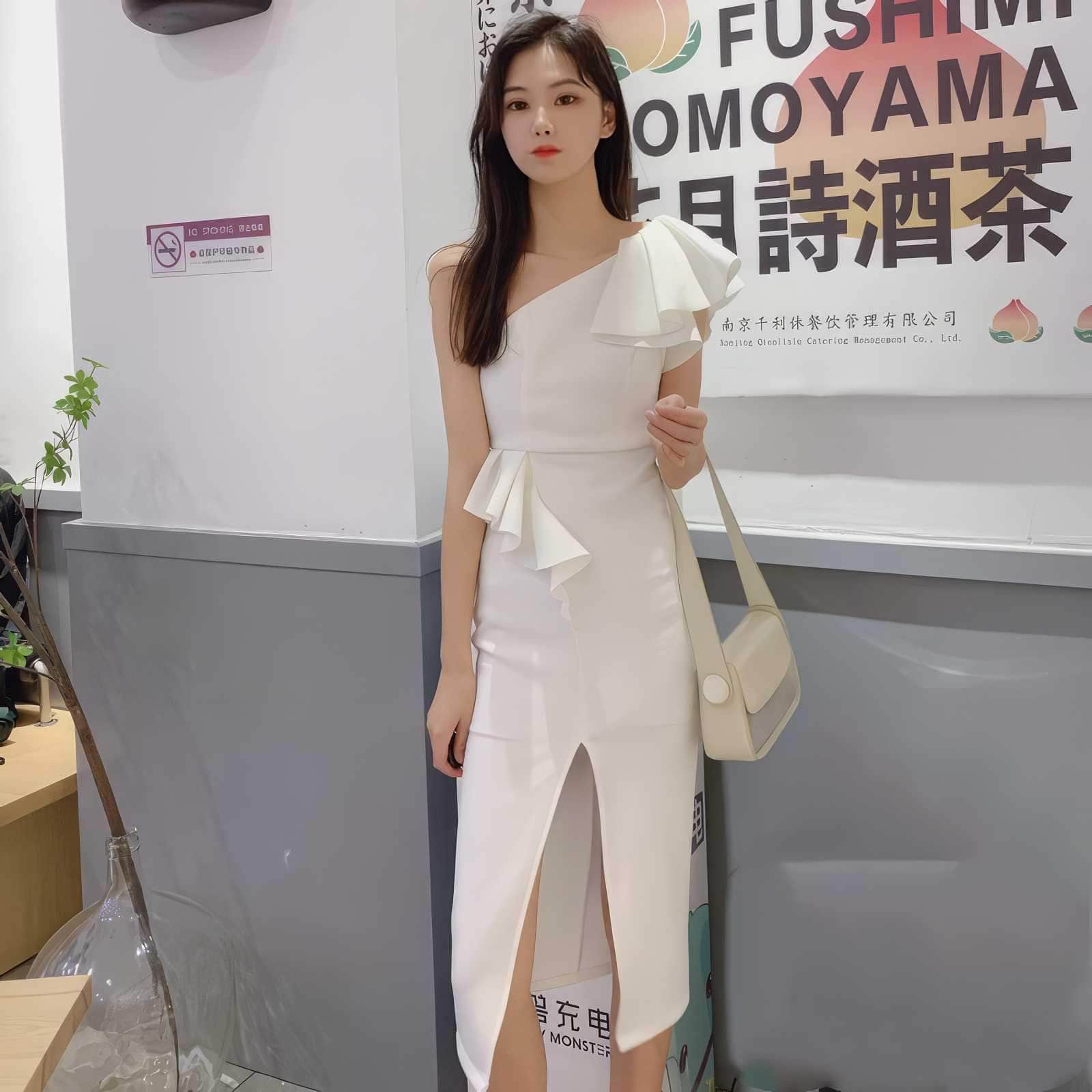 Frill-Adorned One-Shoulder Front Slit Dress XS / White