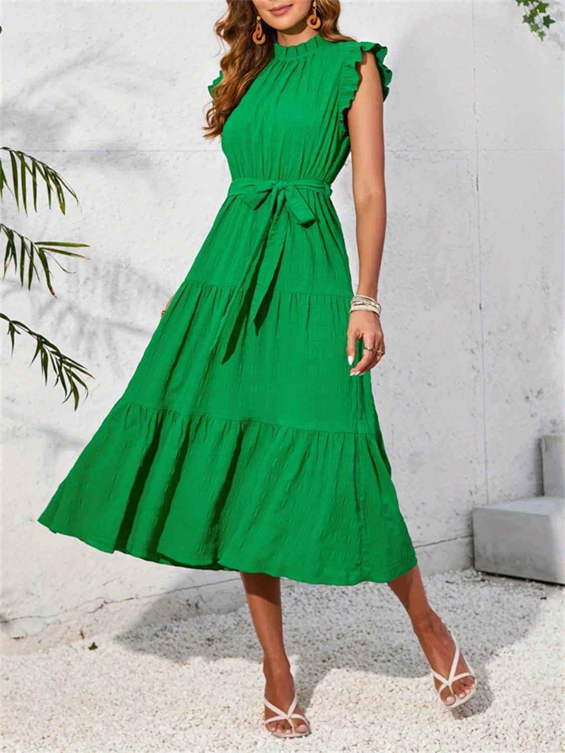 Frill Mock Neck Ruffled Cap Sleeve Midi Dress Green / S