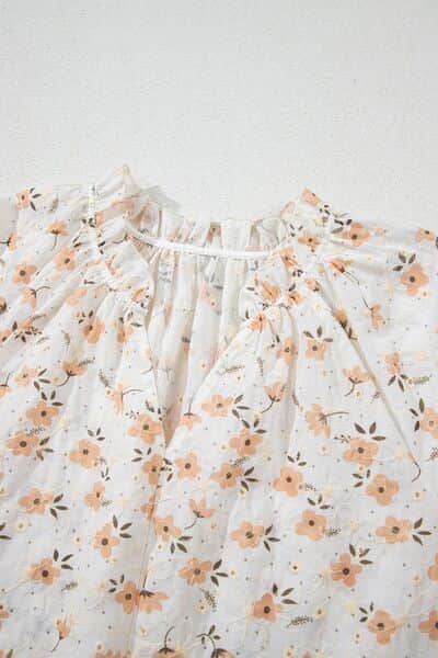 Frill Printed Notched Short Sleeve Blouse