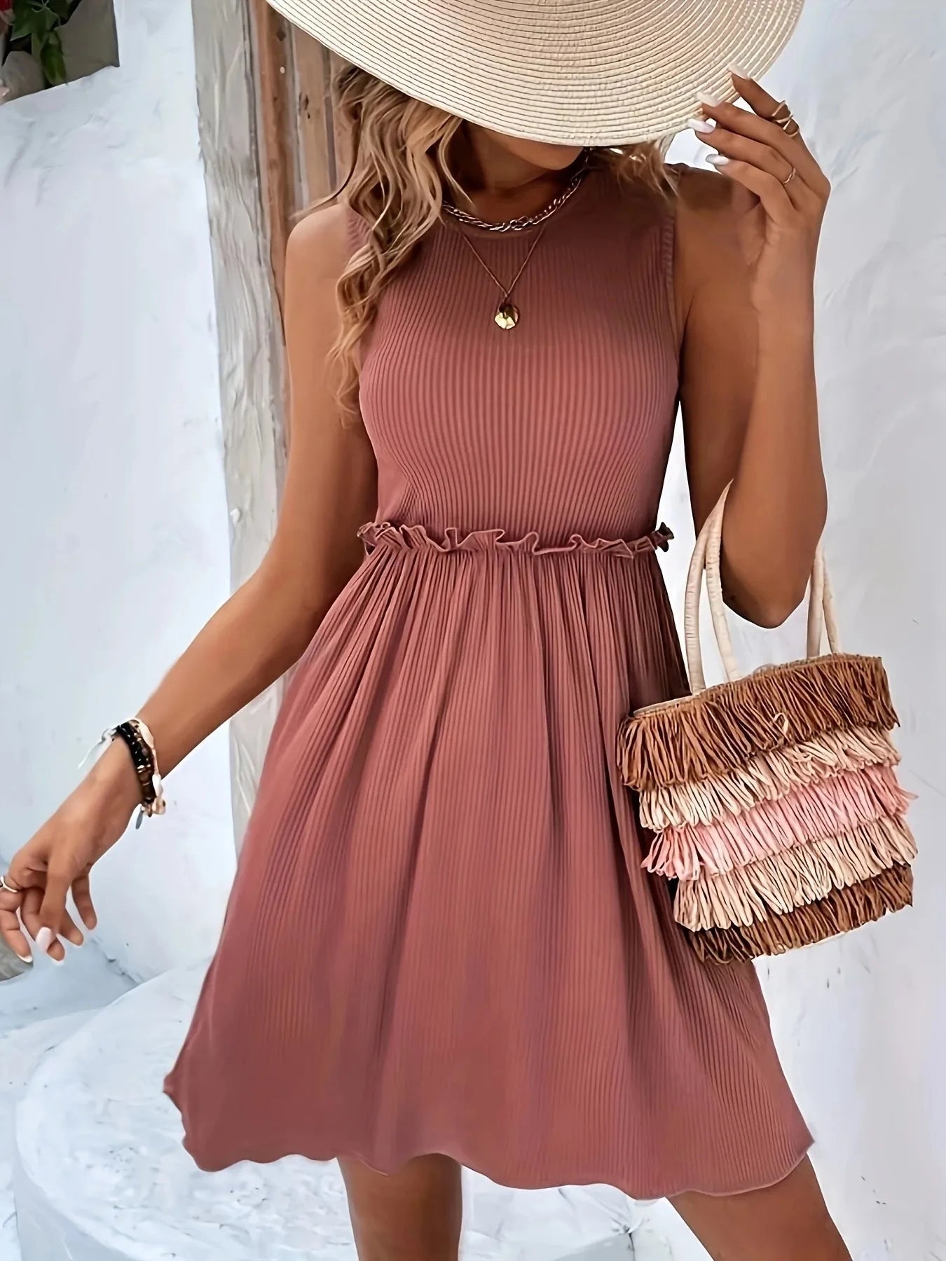 Frill Ribbed Sleeveless Mini Dress