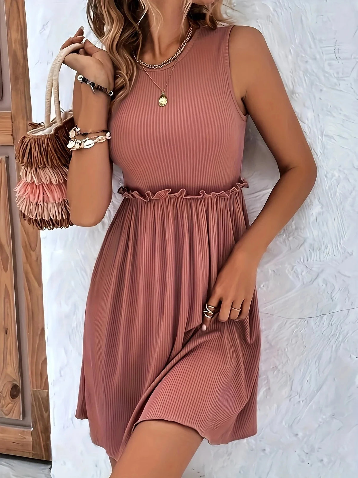 Frill Ribbed Sleeveless Mini Dress Dusty Pink / S