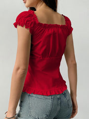 Frill Ruched Cap Sleeve Blouse