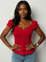 Frill Ruched Cap Sleeve Blouse Scarlet / S