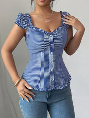 Frill Striped Cap Sleeve Blouse