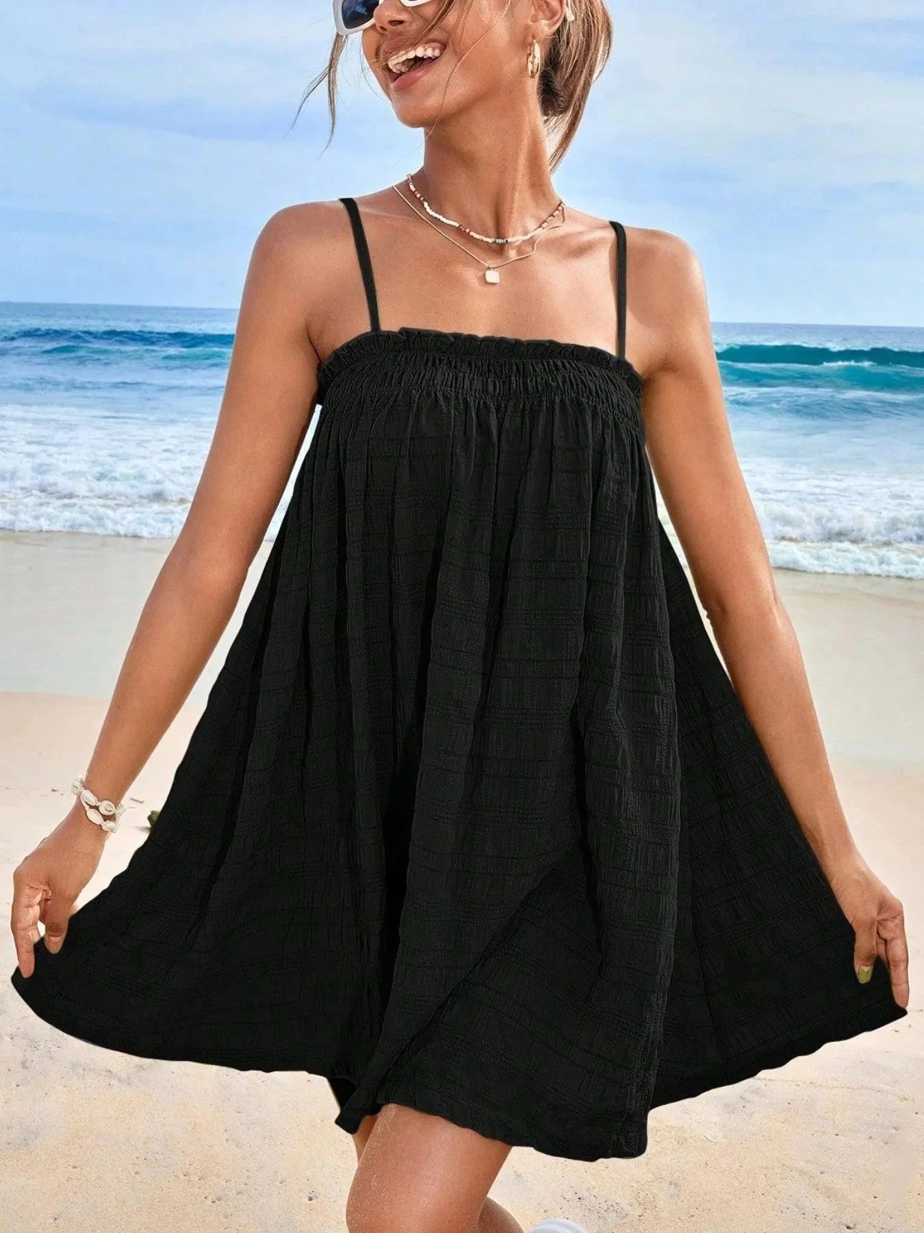Frill Textured Mini Cami Dress Black / S