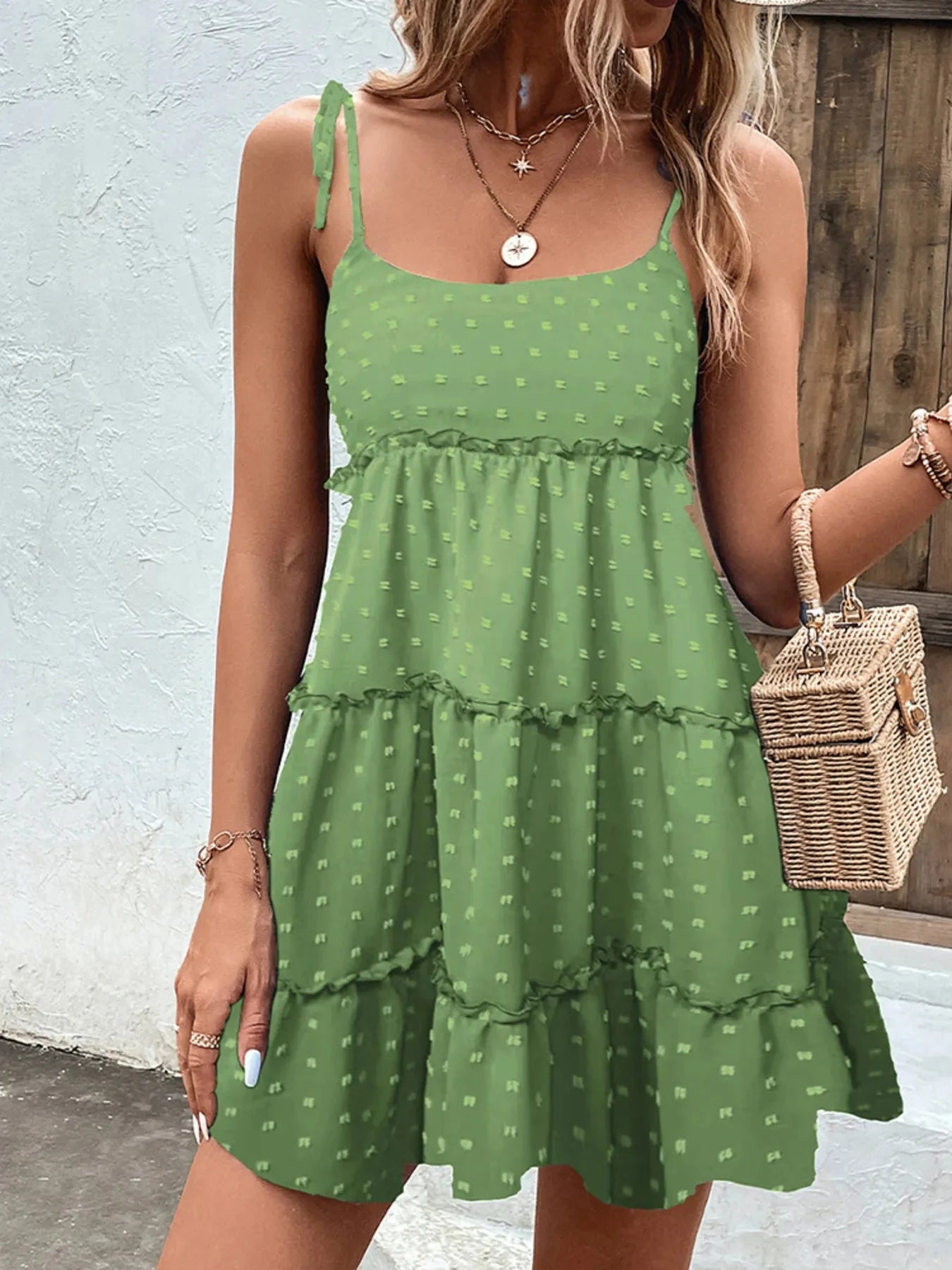 Frill Tiered Swiss Dot Cami Dress Matcha Green / S