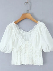 Frill V-Neck Puff Sleeve Blouse