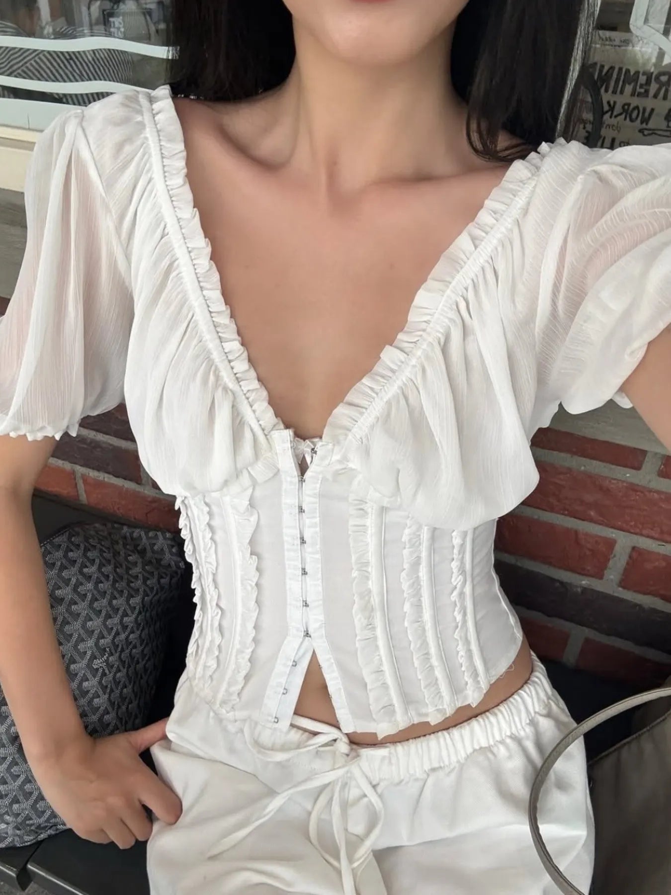 Frill V-Neck Puff Sleeve Blouse