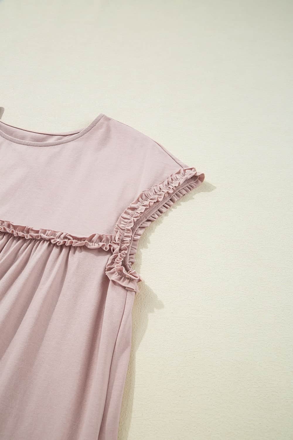 Frilled Trim Crew Neck Cap Sleeve Loose Fit Mini Dress