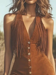 Fringe Button Front Mini Dress