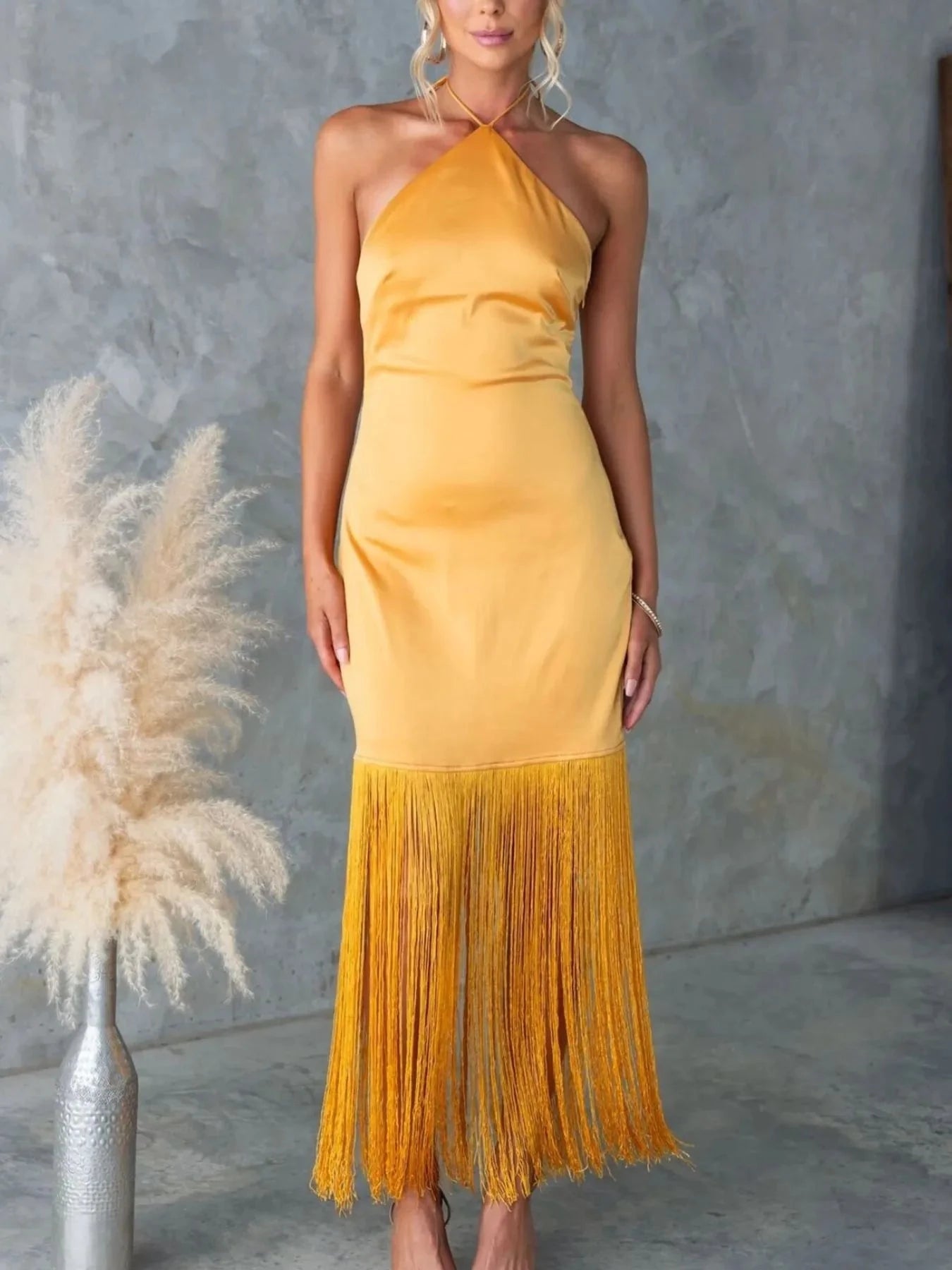 Fringe Halter Neck Dress Yellow / S