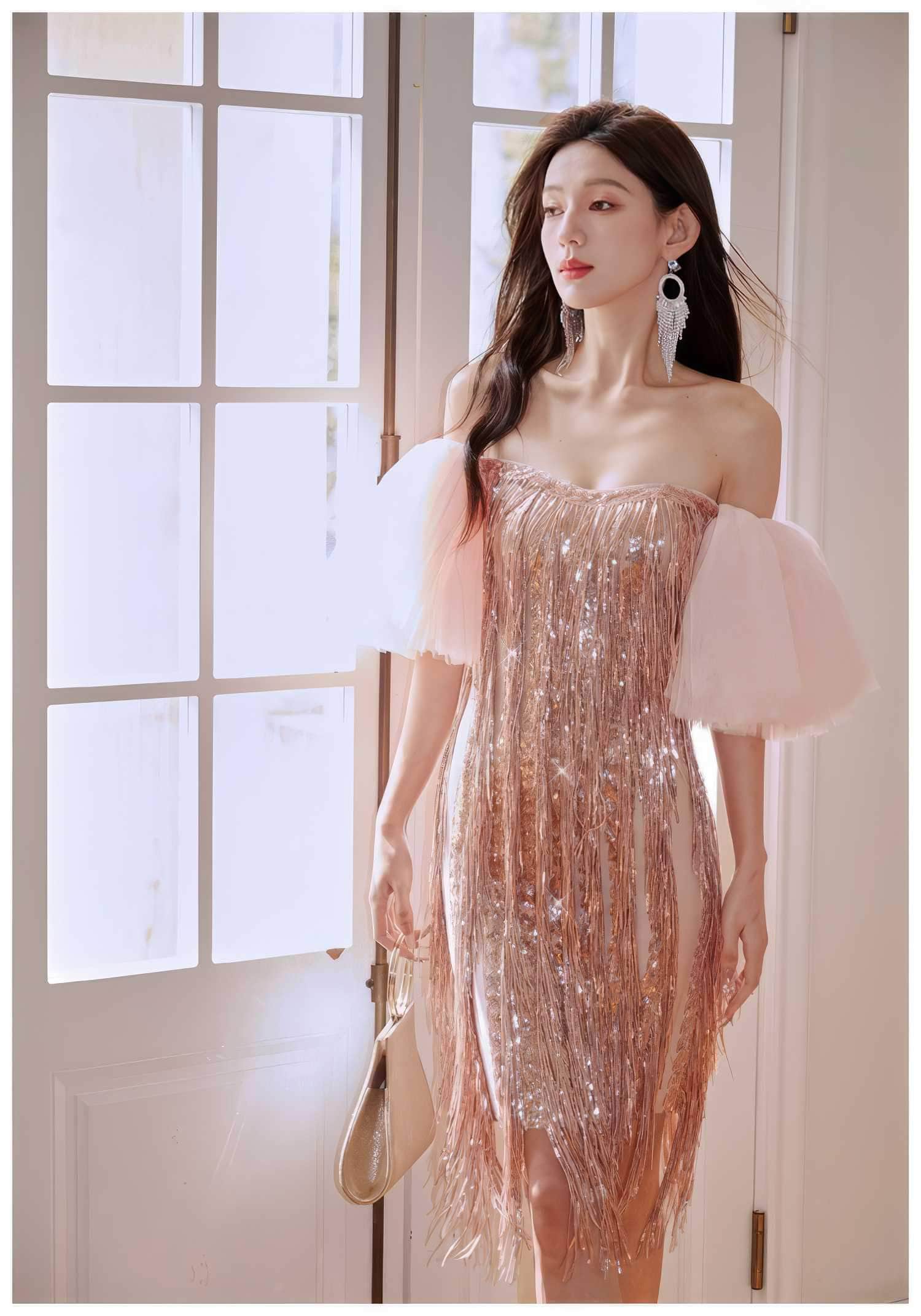 Fringe Hem Puffy Sleeve Sequin Dress