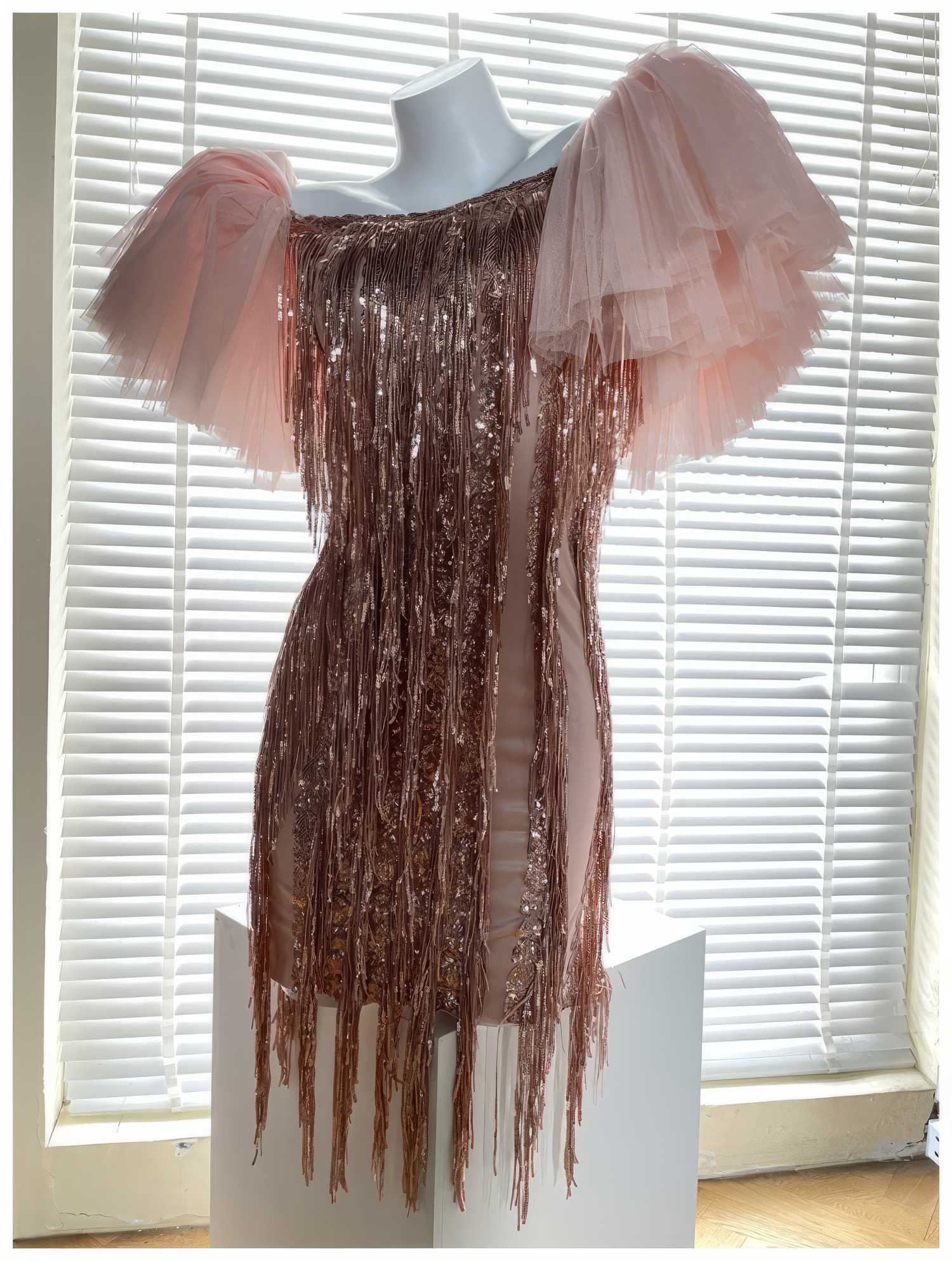 Fringe Hem Puffy Sleeve Sequin Dress