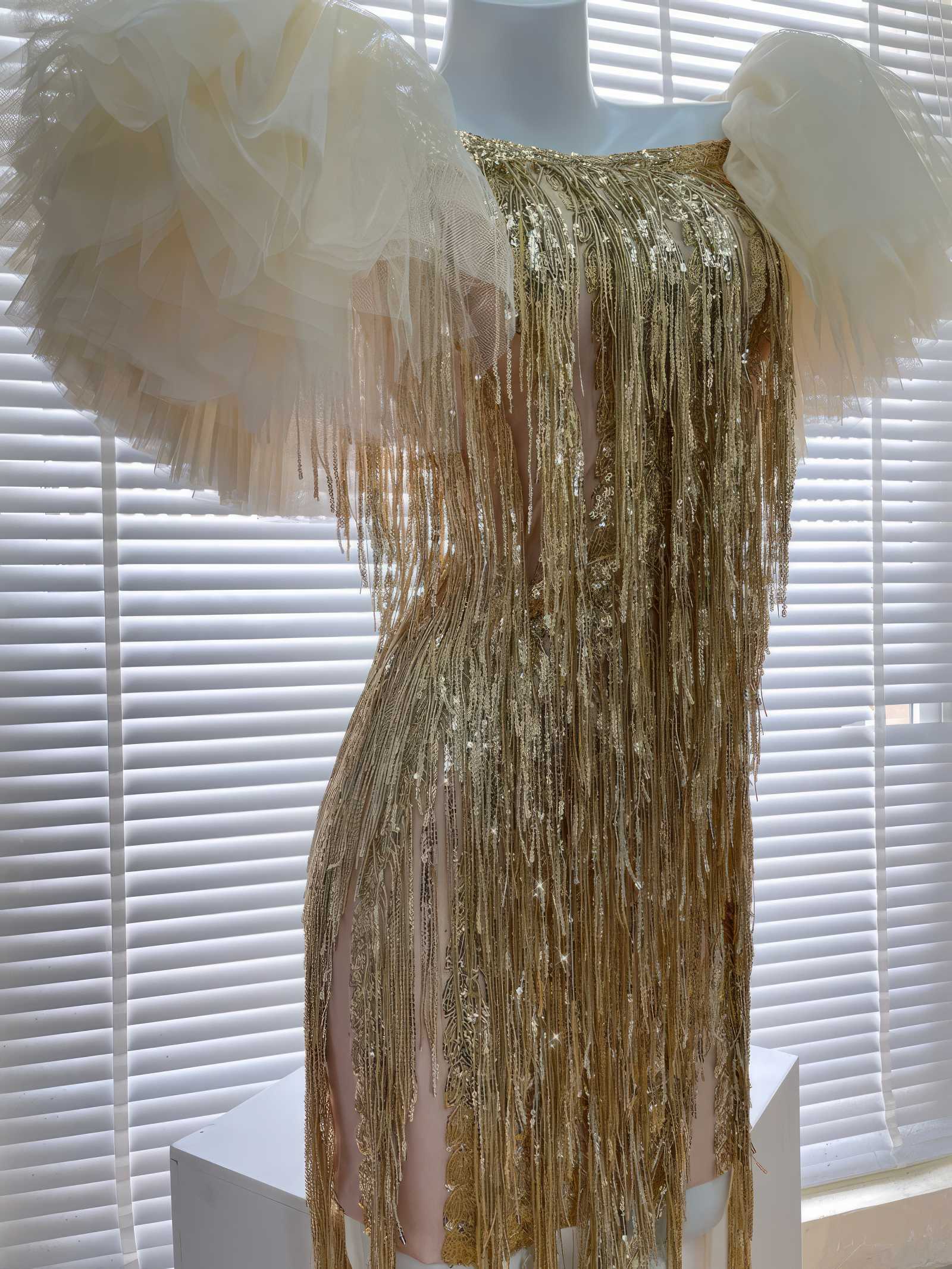 Fringe Hem Puffy Sleeve Sequin Dress S / Gold