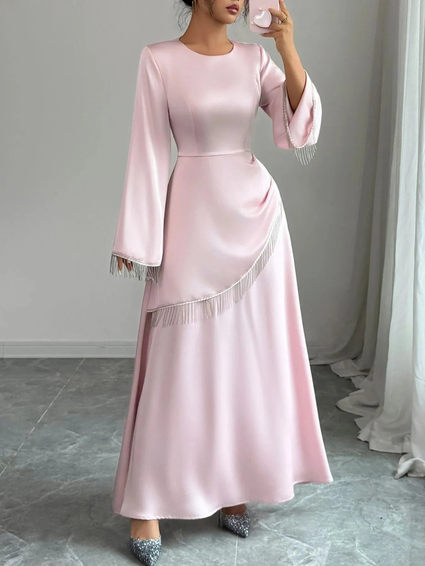 Fringe Long Sleeve Bodycon Maxi Dress