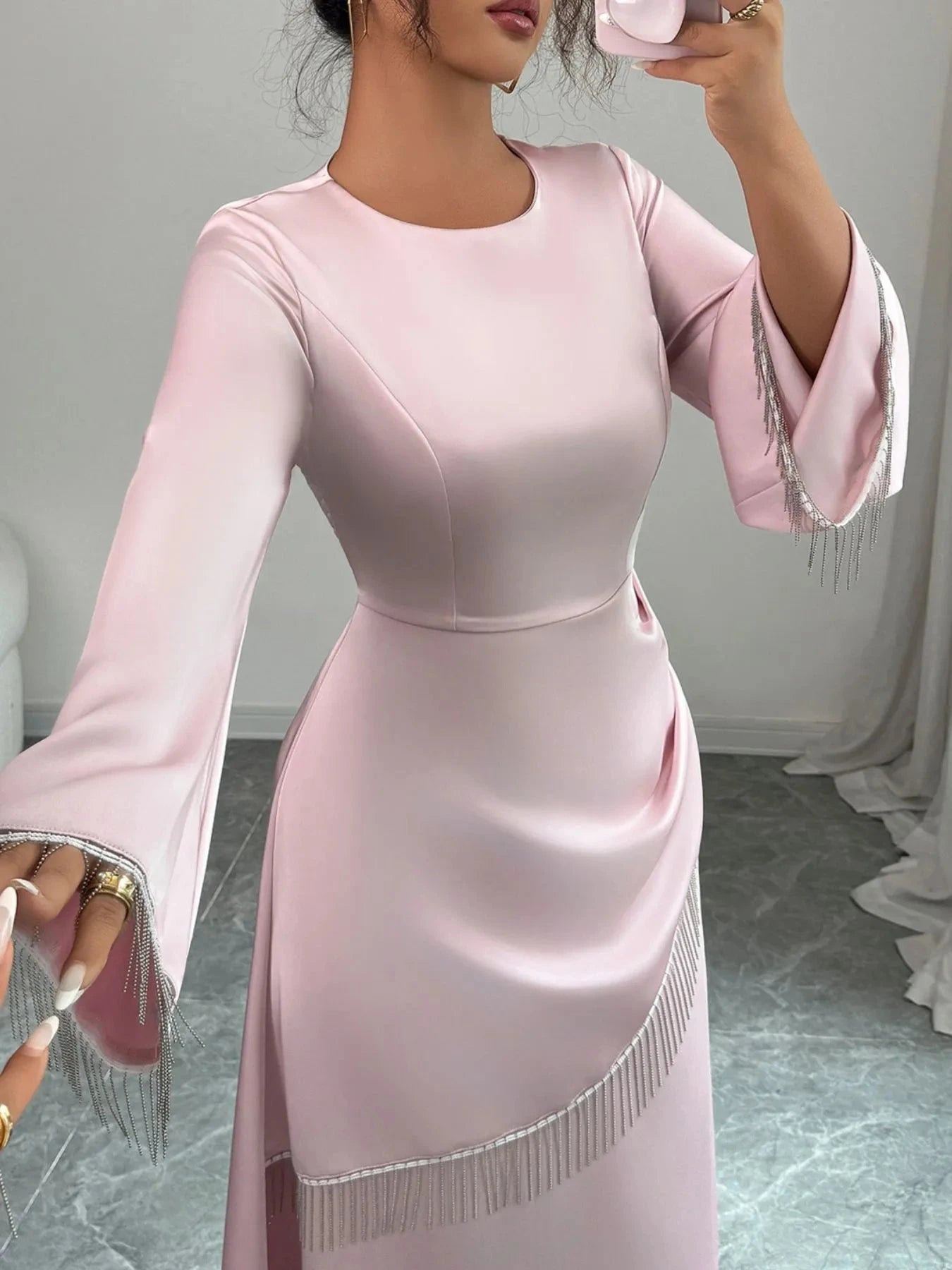 Fringe Long Sleeve Bodycon Maxi Dress Pink / S