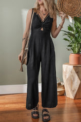 Front Cut Out Smocked Back Sleeveless Wide Leg Jumpsuit