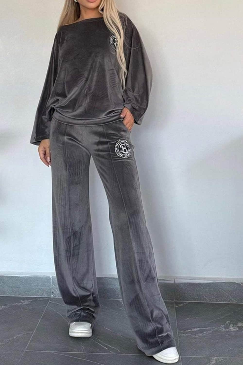 Full Size Boat Neck Long Sleeve Top and Pants Set Dark Gray / S