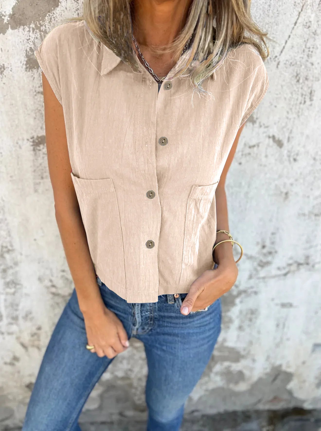 Full Size Button Down Cap Sleeve Linen Shirt Plus Size Apricot / S