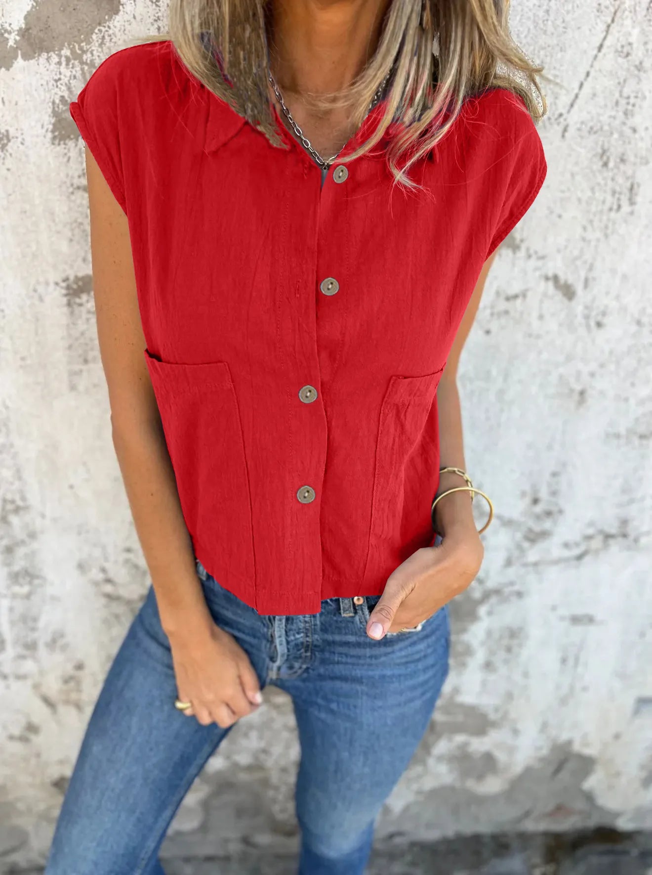 Full Size Button Down Cap Sleeve Linen Shirt Plus Size Red / S