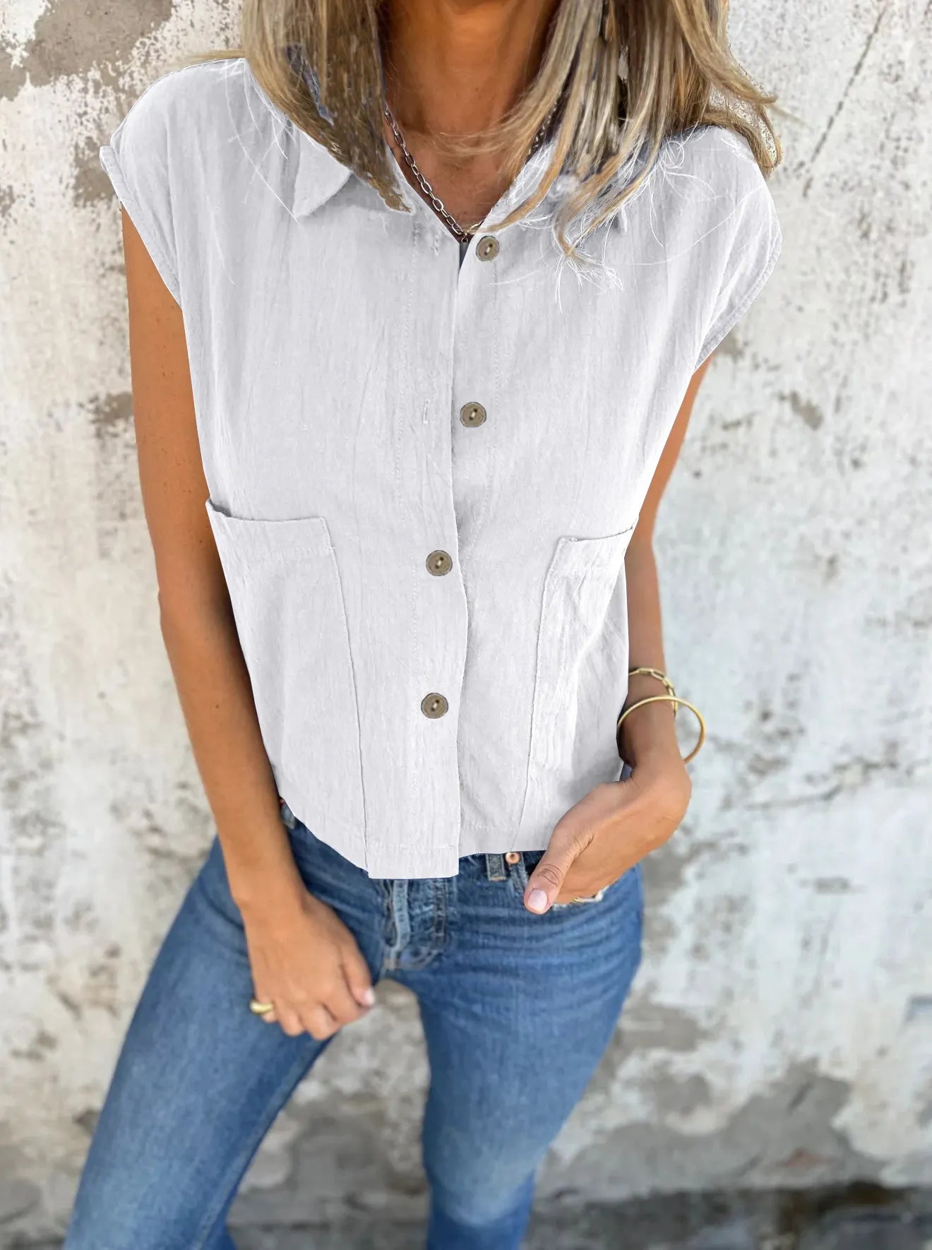 Full Size Button Down Cap Sleeve Linen Shirt Plus Size White / S
