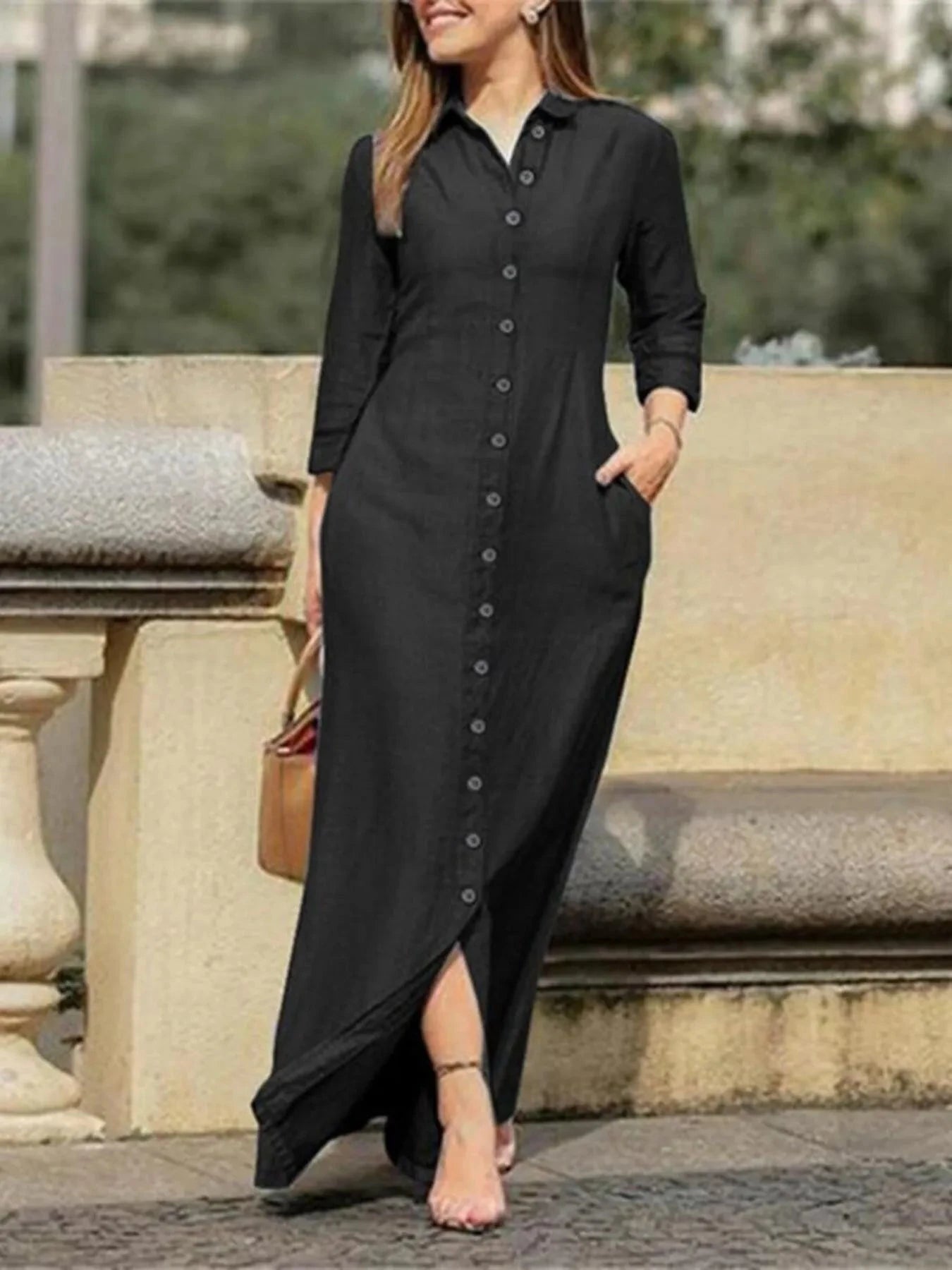 Full Size Button-Down Maxi Denim Dress Plus Size Black / S