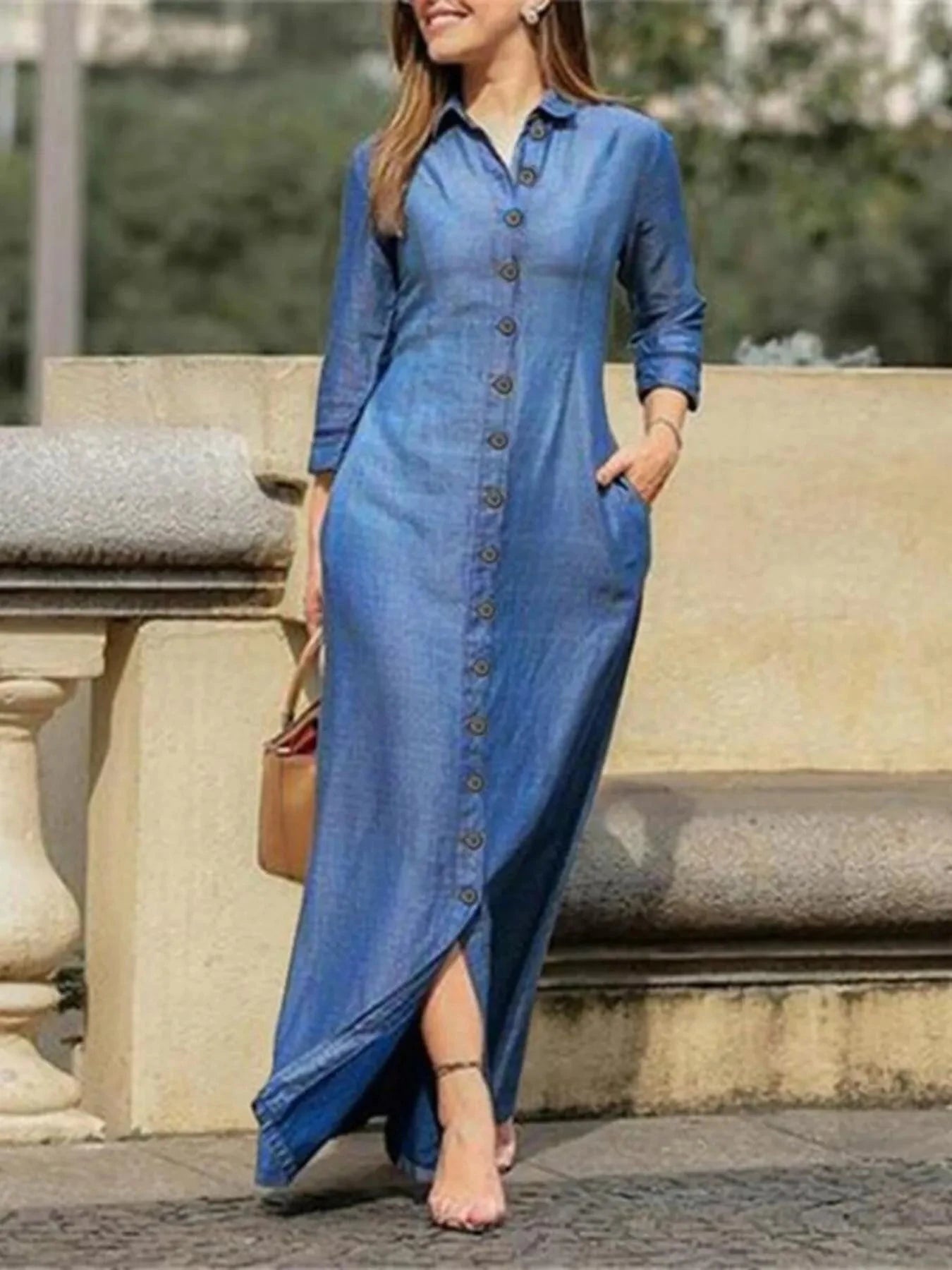 Full Size Button-Down Maxi Denim Dress Plus Size Light Blue / S