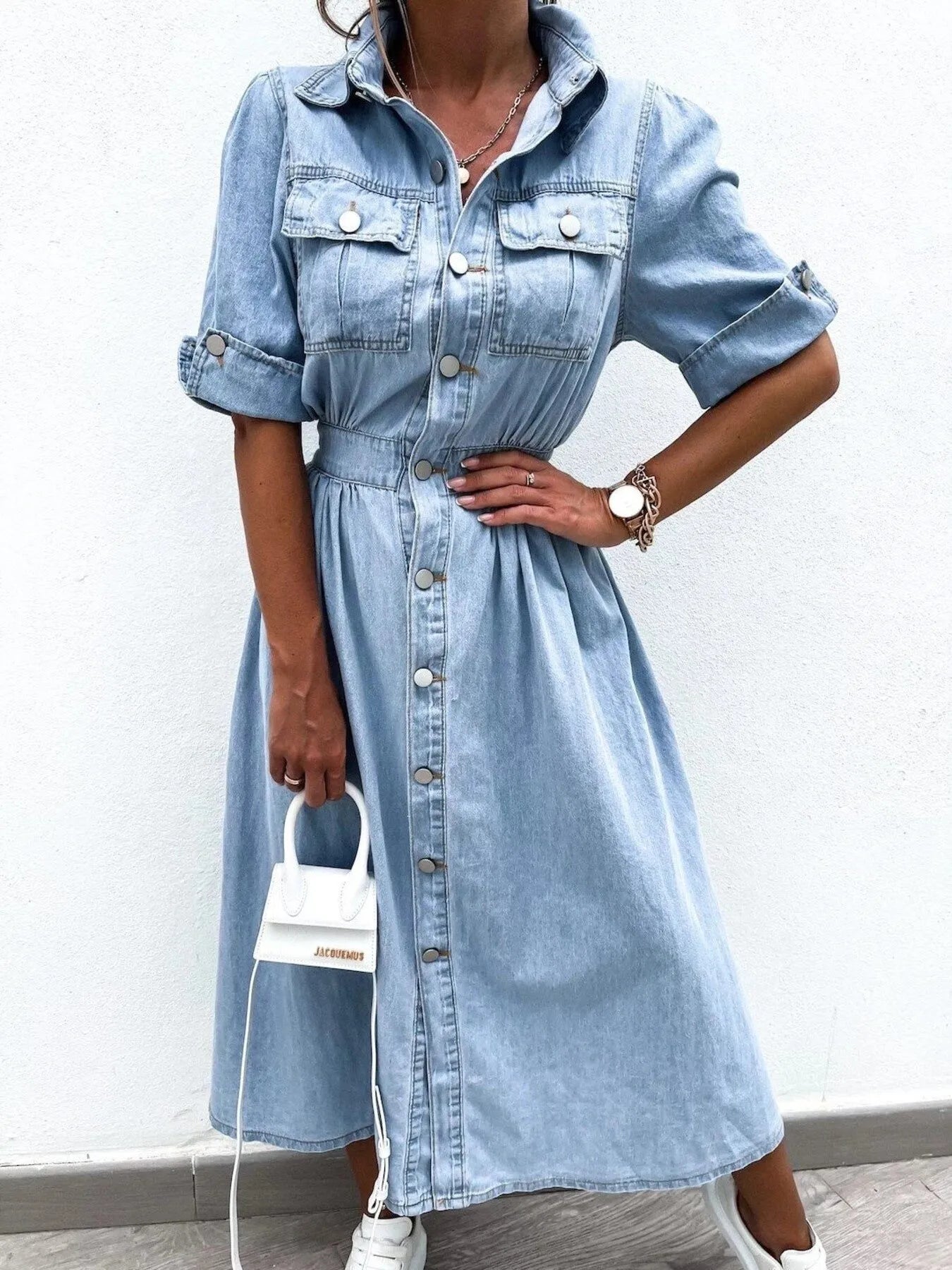 Full Size Button Down Roll-Up Sleeve Denim Shirt Dress Plus Size Light Blue / S
