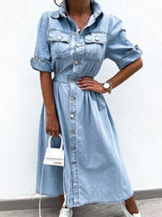 Full Size Button Down Roll-Up Sleeve Denim Shirt Dress Plus Size Light Blue / S