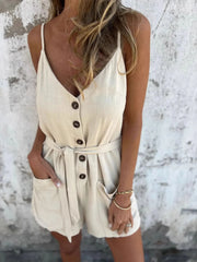 Full Size Button-Front Belted Cami Romper Plus Size