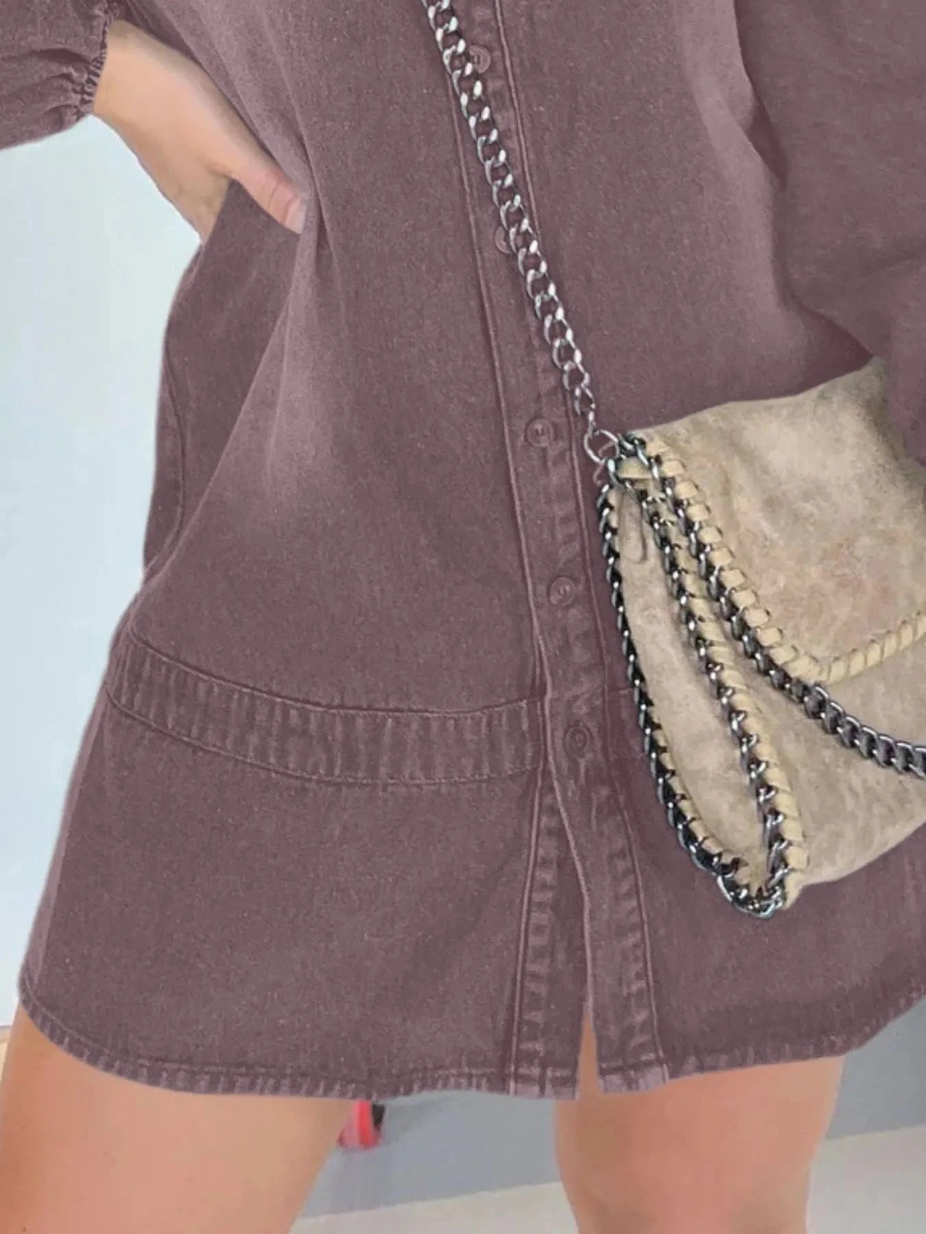 Full Size Button Front Long Sleeve Denim Dress Plus Size