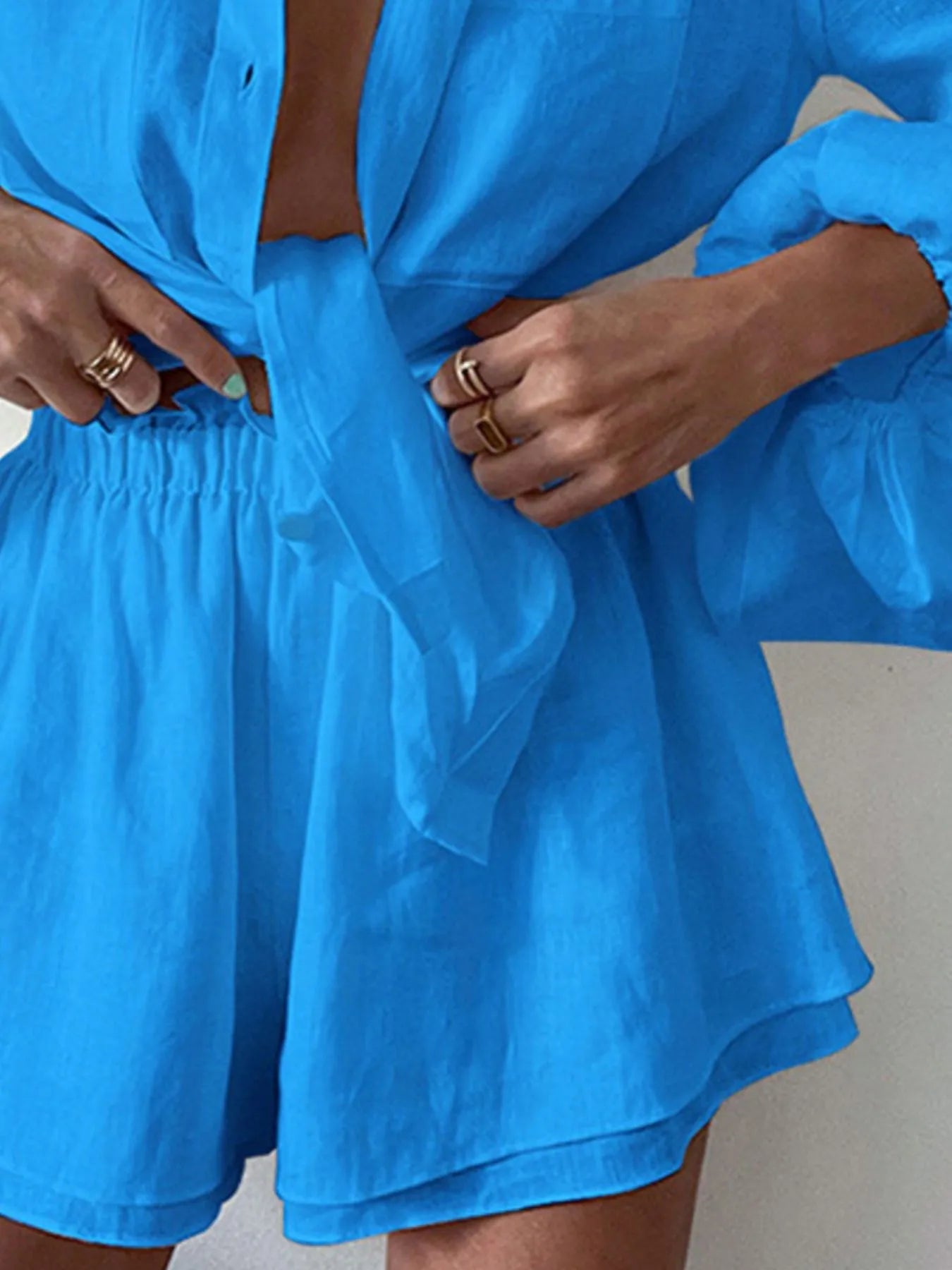 Full Size Button Up Balloon Sleeve Top and Shorts Set Plus Size