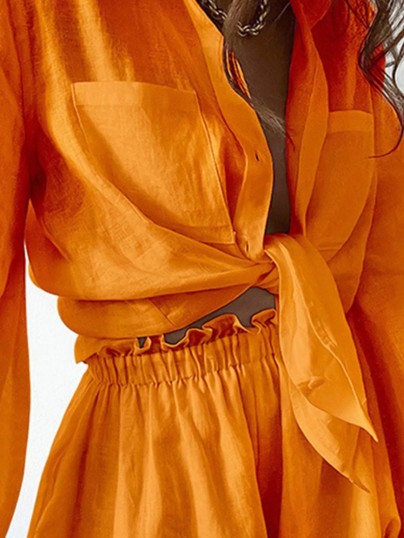 Full Size Button Up Balloon Sleeve Top and Shorts Set Plus Size