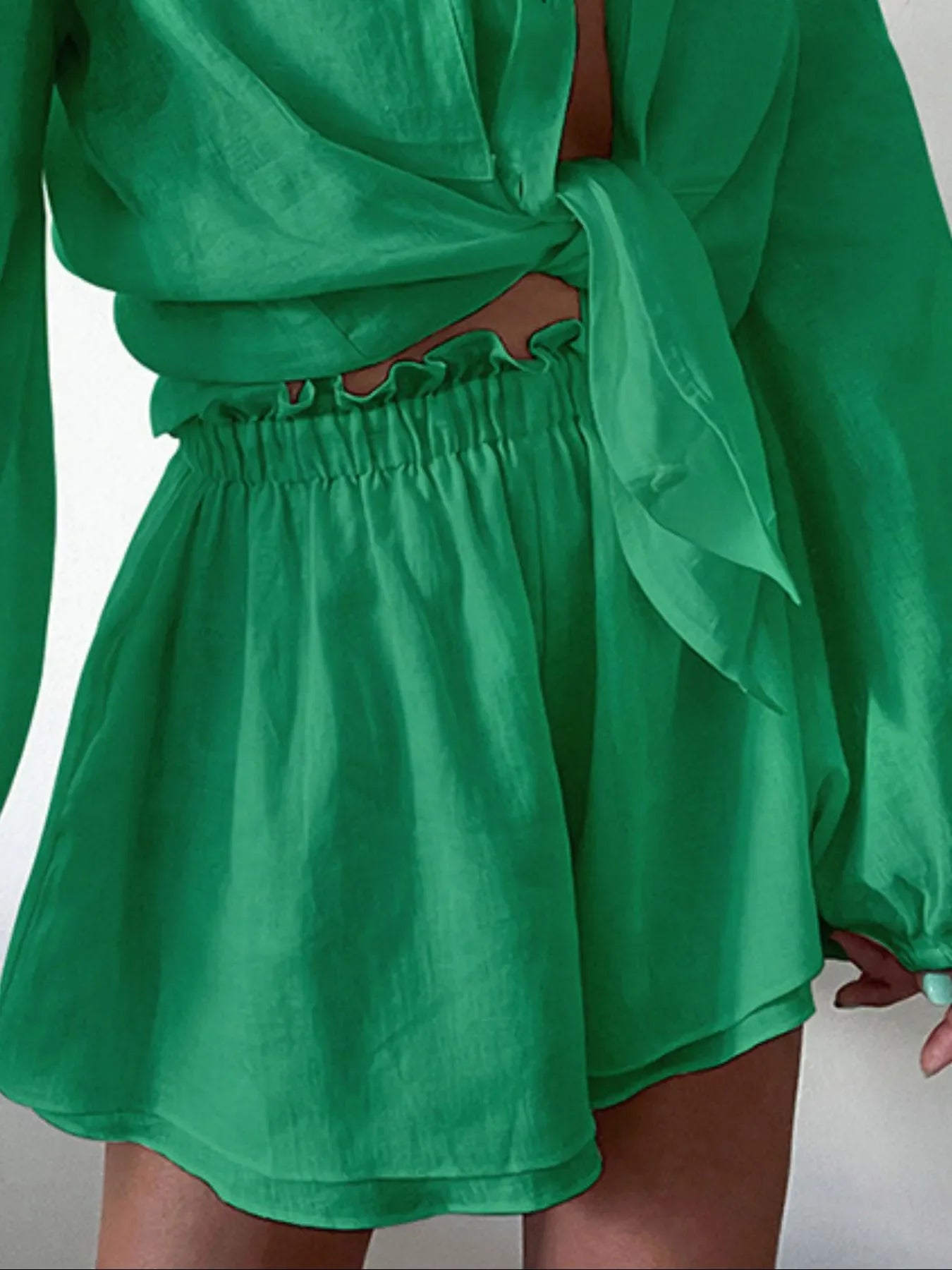 Full Size Button Up Balloon Sleeve Top and Shorts Set Plus Size