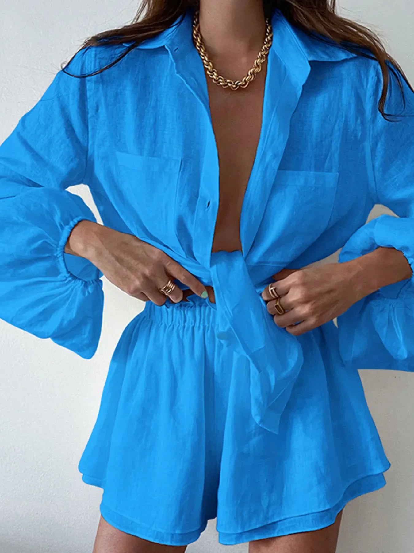 Full Size Button Up Balloon Sleeve Top and Shorts Set Plus Size Blue / S