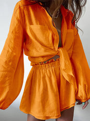 Full Size Button Up Balloon Sleeve Top and Shorts Set Plus Size Orange / S