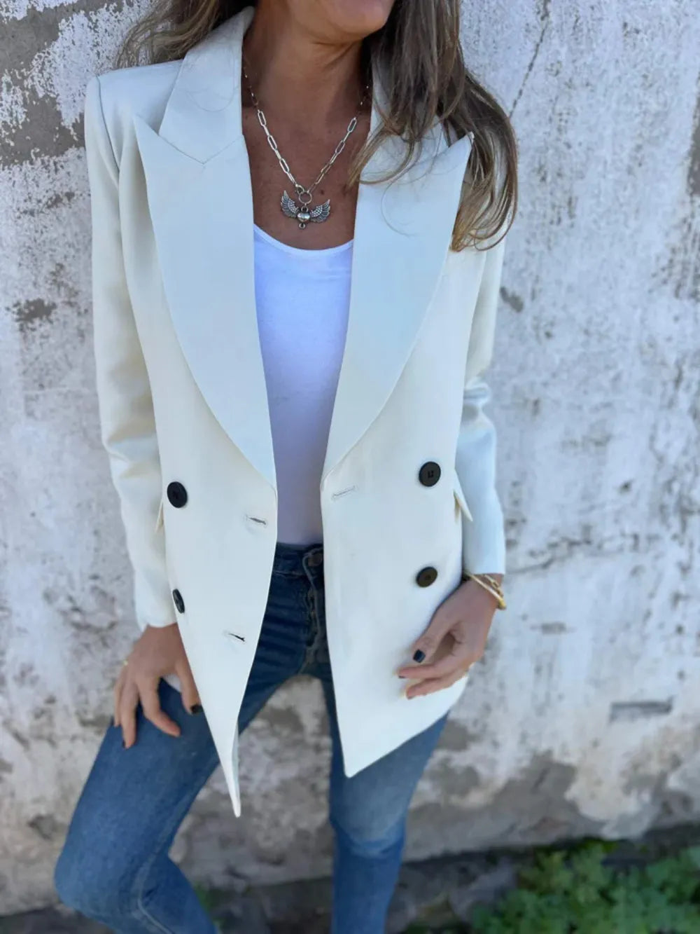 Full Size Collared Neck Long Sleeve Blazer Ivory / S