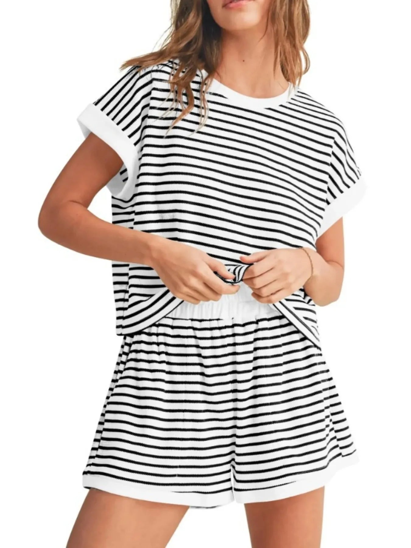 Full Size Contrast Striped T-Shirt and Shorts Set Plus Size Black Stripes On White Background / S