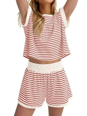 Full Size Contrast Striped T-Shirt and Shorts Set Plus Size Red Stripe On White Background / S
