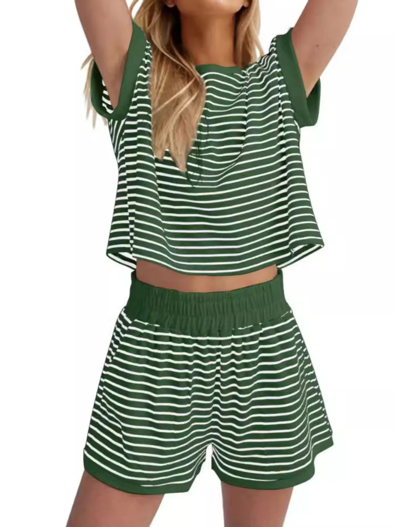 Full Size Contrast Striped T-Shirt and Shorts Set Plus Size White Bars On Green Background / S