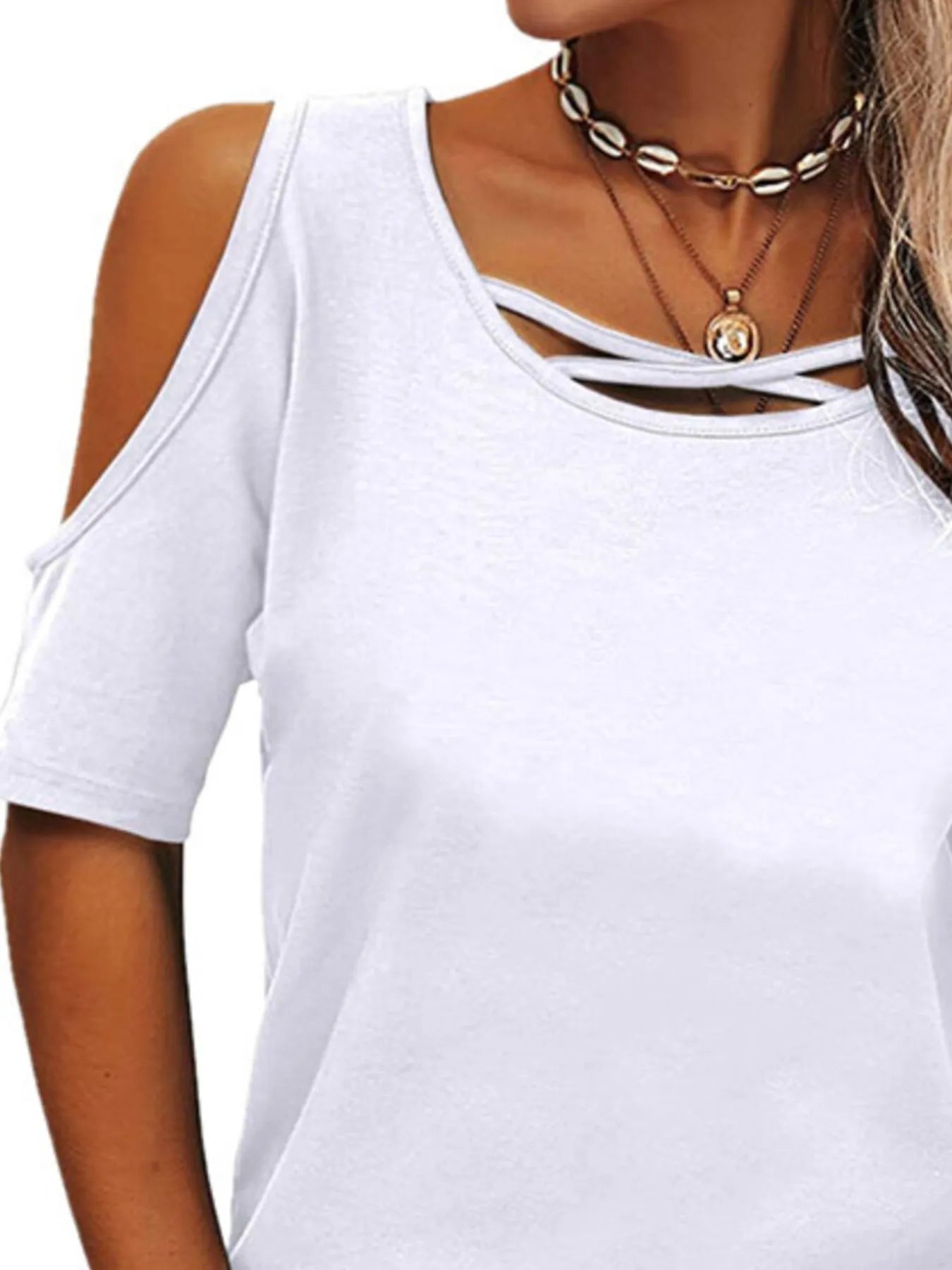 Full Size Crisscross Cold Shoulder Casual T-Shirt Plus Size