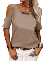 Full Size Crisscross Cold Shoulder Casual T-Shirt Plus Size Khaki / S