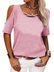Full Size Crisscross Cold Shoulder Casual T-Shirt Plus Size Pink / S