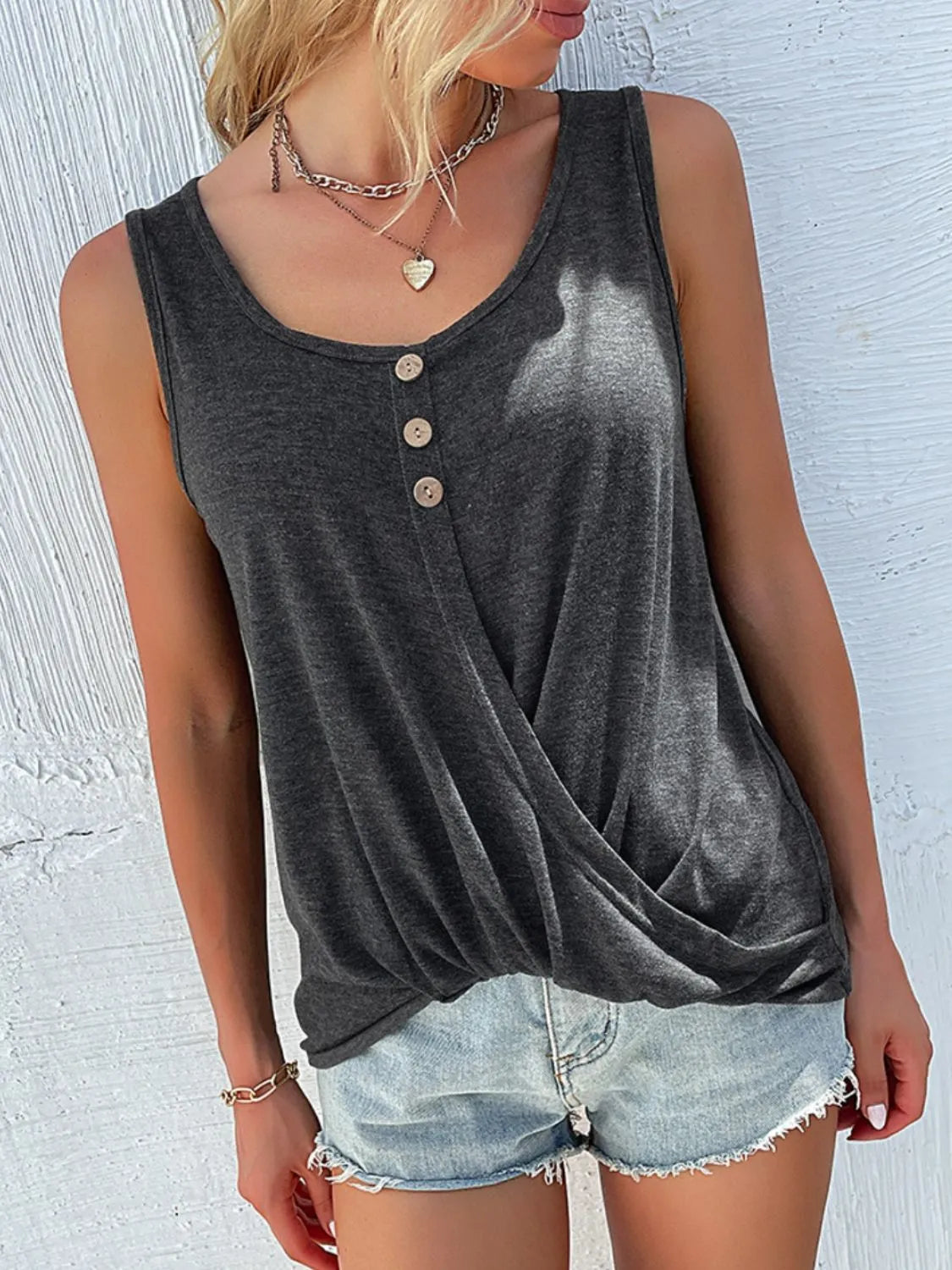 Full Size Decorative Button Round Neck Tank Plus Size