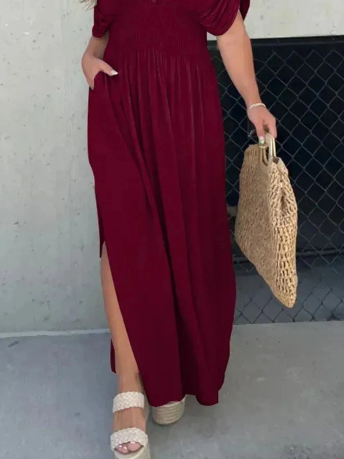 Full Size Deep V-Neck Maxi Dress with Side Slit Plus Size